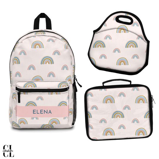 Boho rainbow backpack, boho styled bag, kids rainbow back to school backpack, pastel rainbow bag, scandi style backpack set, rainbow lunch