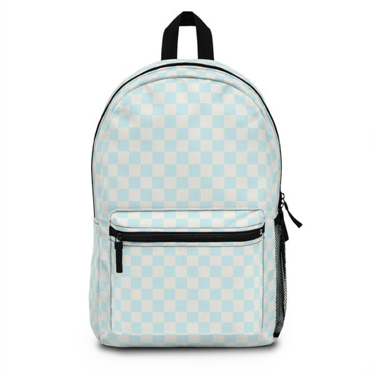Checkered Print Backpack in Light Blue & Cream, Adjustable Straps, School and Travel Ready, Ideal Custom Gift