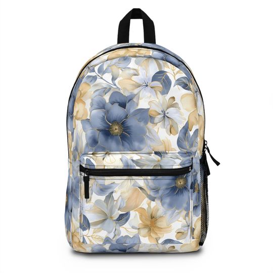 Floral Backpack, Girl's Bookbag, Blue Flower Backpack, Girl's Back to School Backpack, Gold Floral Backpack, Girl's School Bag