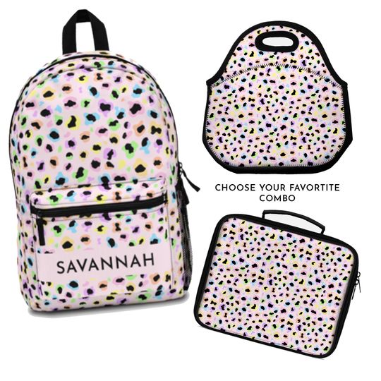 Rainbow cheetah print backpack, kids colorful leopard design backpack, pastel rainbow girl school backpack, Custom kids bag, diaper bag