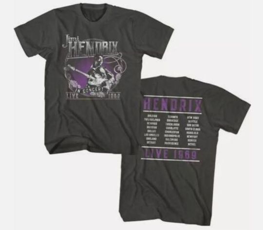 Jimi Hendrix Vintage T-shirt - Live in Concert 1969 Men's Unisex Charcoal, Cotton Music Tour Shirt
