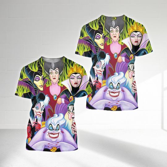 Cartoon Villain Character 3D Adult Kid T-shirt, Ursula Evil Queen Cruella Lady Tremaine All Over Print Shirt