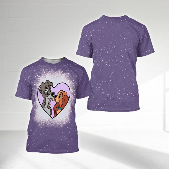 Lady and The Tramp Heart Bleached 3D Adult Kid T-shirt, Lady and The Tramp All Over Print Shirt