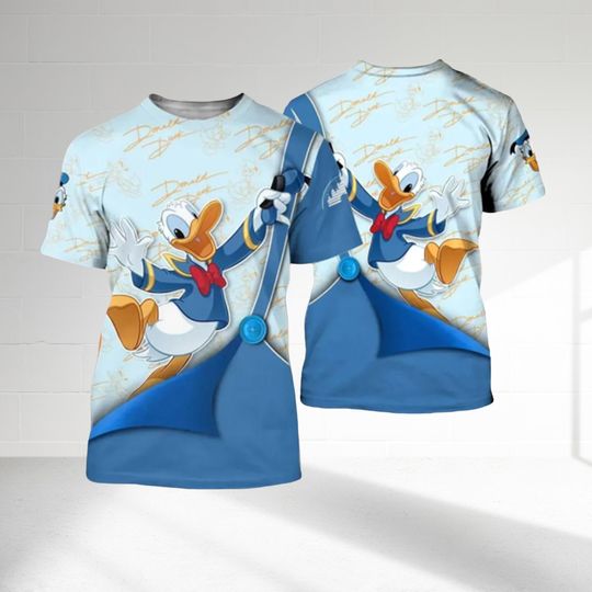 Donald Duck Blue Button Overalls Patterns 3D Shirt, Donald Duck Cartoon Character 3D Tee