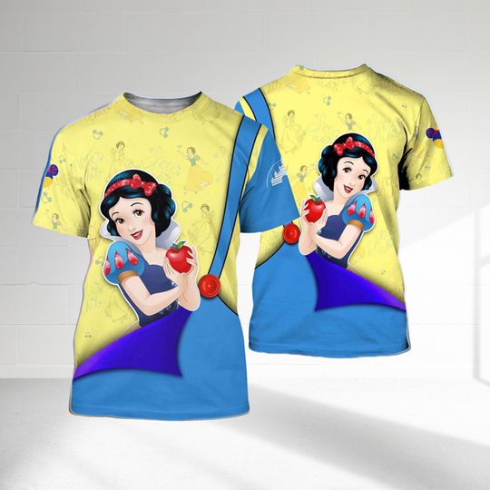 Snow White Princess Blue Button 3D T-Shirt, Cartoon Princess All Over Print Shirt