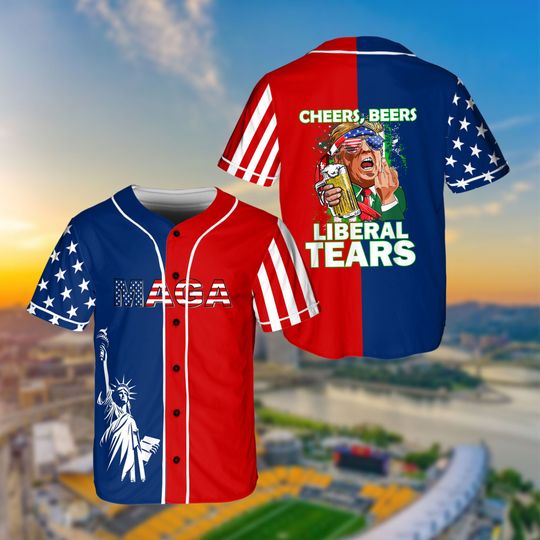 Cheers Beers Liberal Tears Trump Holding Beer Jersey, Pro Trump Jersey, 4th Of July Baseball Jersey, Maga Usa Baseball Jersey