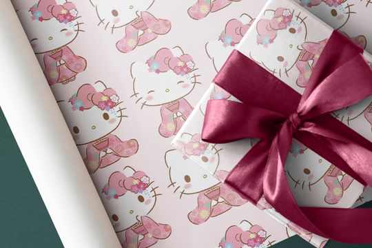 Hello Kitty Kimono Cherry Blossom Wrapping Paper Gift Wrap | Wrapping Paper Sheet | Luxury Gift Wrapping | Birthday Gift Wrap | Gift Paper Sheets