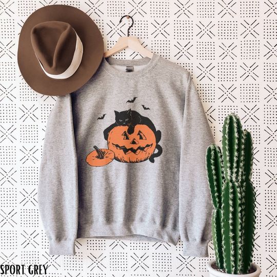 Pumpkin Sweatshirt Black Cat Halloween Sweatshirt Halloween Crewneck Retro Halloween Shirt Halloween Sweatshirt Vintage Black Cat Shirt Bats