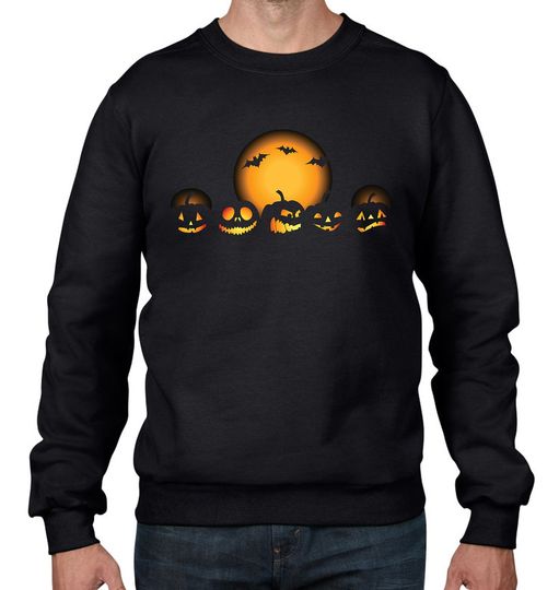 Halloween Pumpkin Men's Sweatshirt Jumper - Halloween Pumpkins Orange Moon Bats Fancy Dress Party Trick or Treat