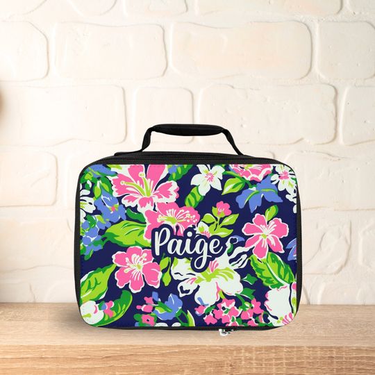 Marine Floral Lunchbox with Custom Name / Girls Preppy Flowers Lunch Bag for School / Personalized Florals Lunchbox for Her / Snack Bag