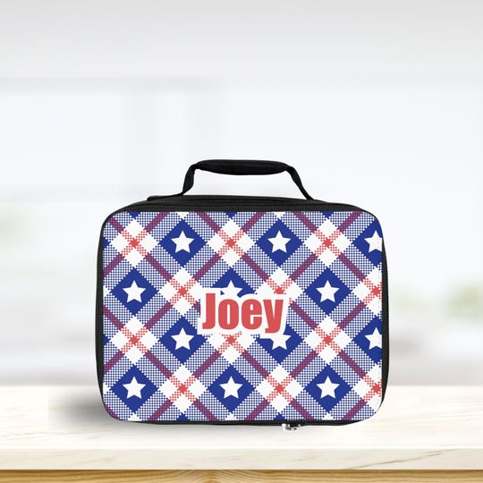 Patriotic Lunchbox Custom Name / Personalized Lunch Tote Plaid Red White and Blue / USA Stars Lunch Bag for Back to School / Americana Gift