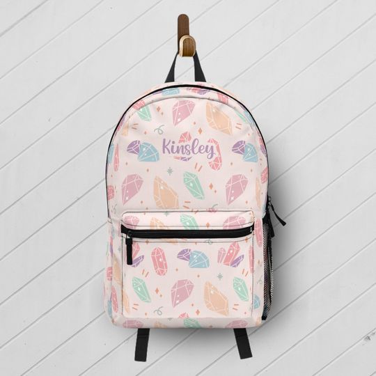 Personalized Crystals Backpack | Gemstone Book Bag for Girl | School Bag with Pastel Gems | Custom Name Bookbag Lunchbox Set