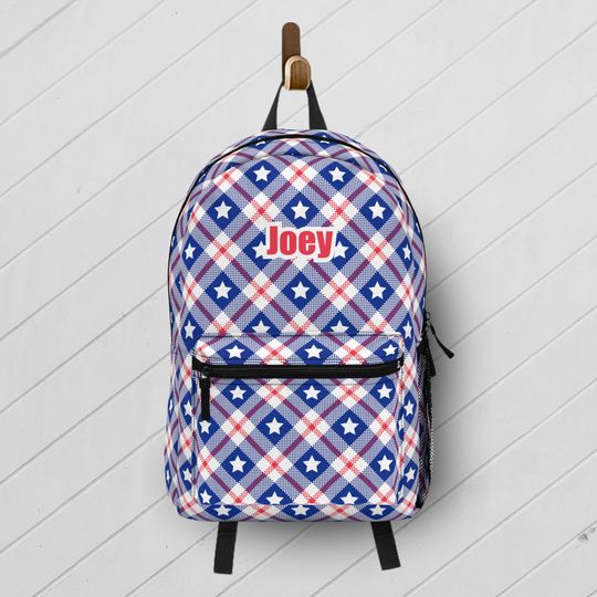 Personalized Red White and Blue Backpack / USA Book Bag Custom Name / Plaid Backpack with Stars and Stripes / Patriotic Gift for Kid