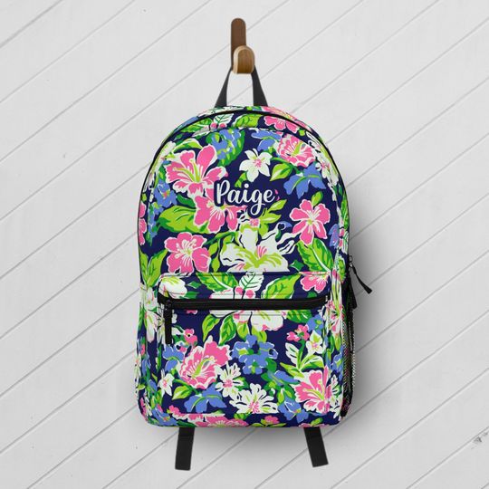 Marine Floral Backpack with Custom Name / Personalized Girls Coastal Flower Backpack / Preppy Floral Book Bag for School / Kids Travel Bag