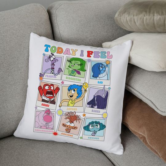 Inside Out Pillow, Today I Feel, Its Okay to Feel all the Feels, New Emotion Joy, Envy, Ennui, Sadness, Bingbong, Disgust, Fear, Anger