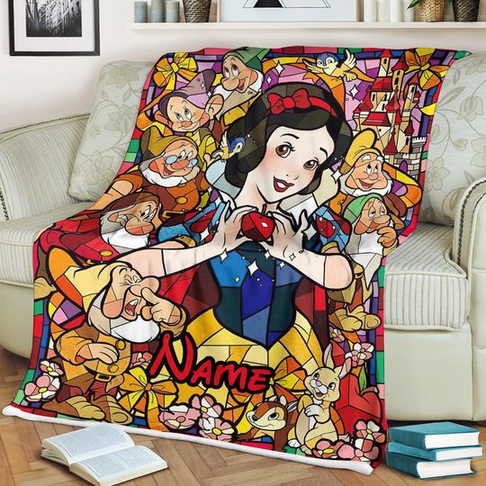 Personalized Name Snow White Stained Glass Blanket, Snow White and the Seven Dwarfs Fleece Blanket