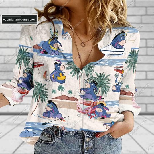 Eeyore Women Blouses Shirt, Eeyore Casual Shirt, Eeyore Women Blouses, Disney Donkey Linen Shirt, Winnie The Pooh Shirt, Blouses Tops Women