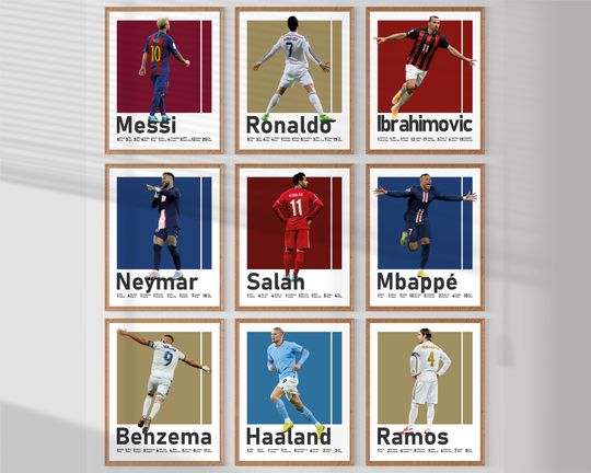 Soccer Players Posters Bundle, Messi Ronaldo Zlatan Wall Art, Haaland, Mbappe, Ramos, Salah, Neymar, Benzema