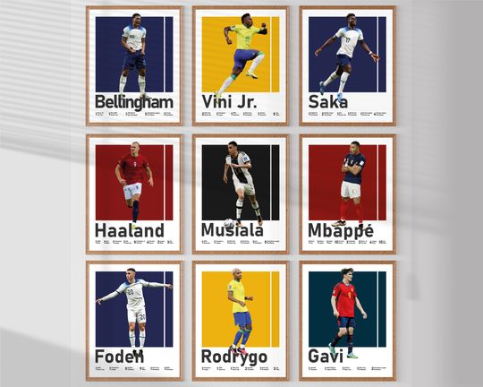 Best Young Footballers Posters Bundle, Bellingham Vinicius Rodrygo, Saka, Foden, Musiala, Gavi, Mbappe, Haaland