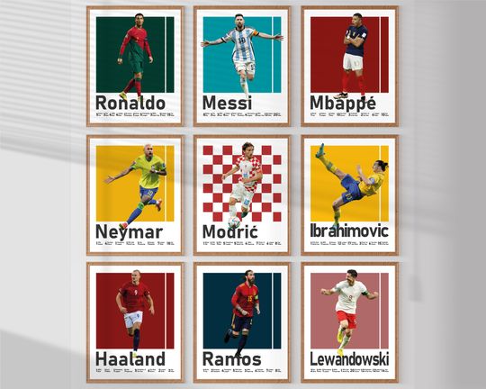 Soccer Players Posters Bundle, Ronaldo, Messi, Ibrahimovic, Mbappe, Haaland, Lewandowski, Neymar, Ramos, Modric