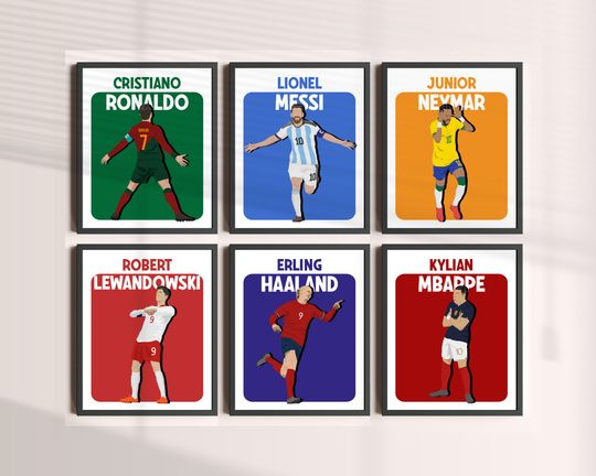Hand Drawn 6 Footballers Poster Bundle, Messi Ronaldo Lewandowski, Neymar Mbappe Haaland Wall Art, Kids Room Decoration