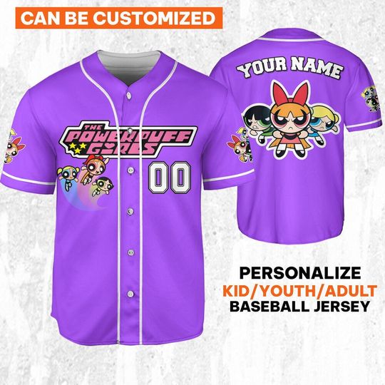 Personalize Powerpuff Girl Action Violet Black Jersey, Funny 90s Cartoons, Retro Power Puff Girls Family Jersey, Birthday Gift For Fans