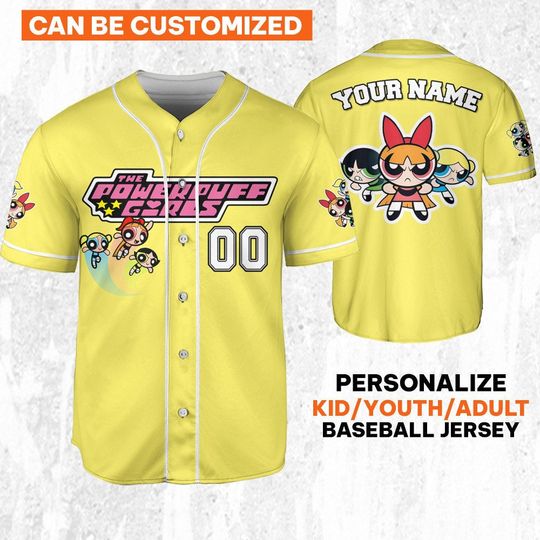 Personalize Powerpuff Girl Action Yellow Light Black Jersey, Funny 90s Cartoons, Retro Power Puff Girls Family Jersey, Birthday Gift For Fan