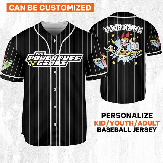 Personalize Powerpuff Girl Fly Black White Jersey, Funny 90s Cartoons, Retro Power Puff Girls Family Jersey, Birthday Gift For Fans