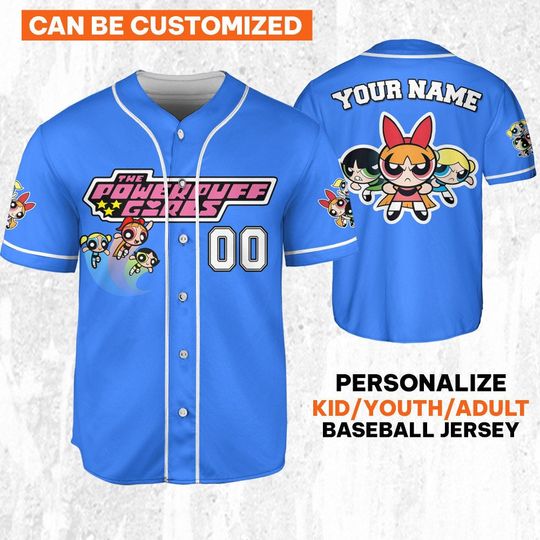 Personalize Powerpuff Girl Action Blue Dark Black Jersey, Funny 90s Cartoons, Retro Power Puff Girls Family Jersey, Birthday Gift For Fans