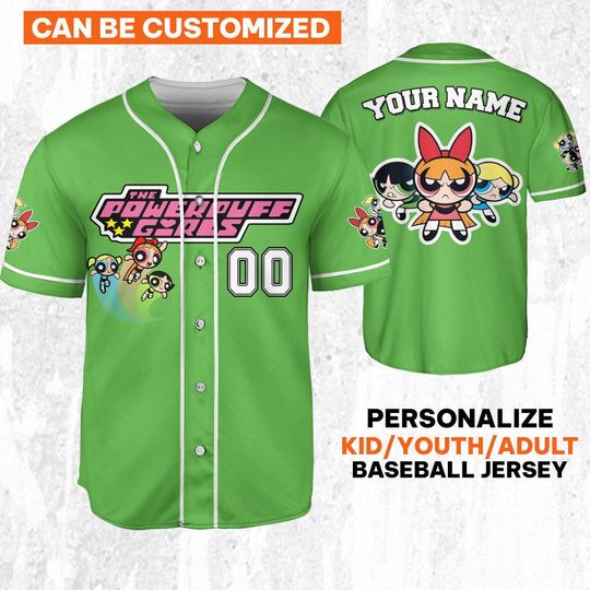 Personalize Powerpuff Girl Action Green Black Jersey, Funny 90s Cartoons, Retro Power Puff Girls Family Jersey, Birthday Gift For Fans