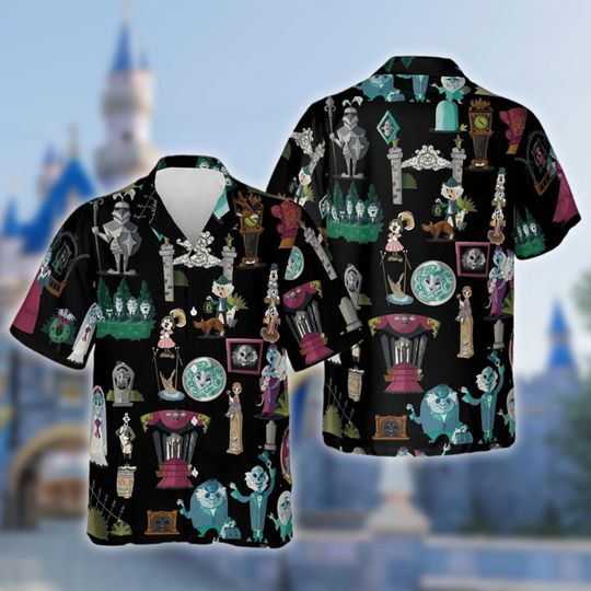Haunted Mansion Hawaiian Shirt, Haunted Mansion Hawaii Shirt, Hitchhiking Ghosts Button Up, Horror Movie All Over Print Halloween Shirt