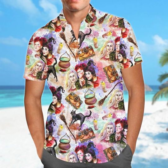 Sanderson Sisters Halloween Night Hawaiian Shirt, Hocus Pocus Horror Movie Character All Over Print Button Up Tee, Halloween Hawaii Shirt
