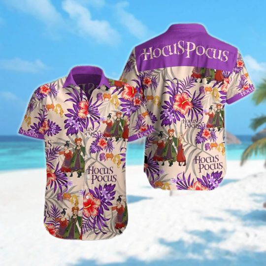 Sanderson Sisters Halloween Hawaiian Shirt, Hocus Pocus Floral Summer All Over Print Button Up, Horror Movie Tropical Summer Hawaii Shirt