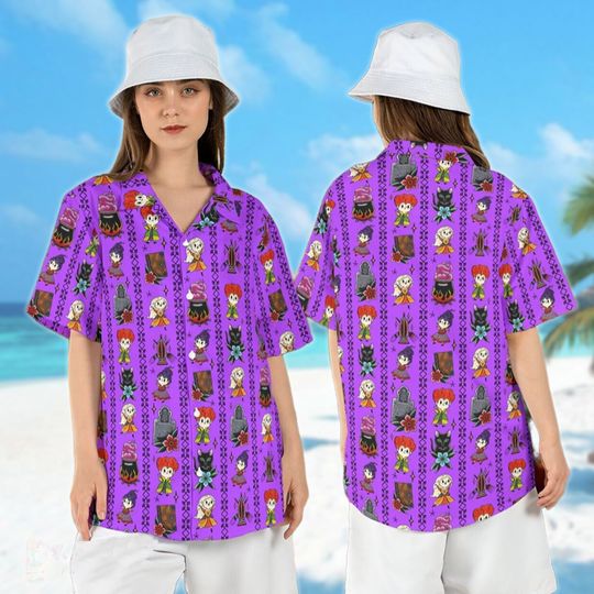 Sanderson Sisters Halloween Hawaiian Shirt, Hocus Pocus Character All Over Print Button Up, Winifred Sarah Mary Horror Movie Hawaii Shirt