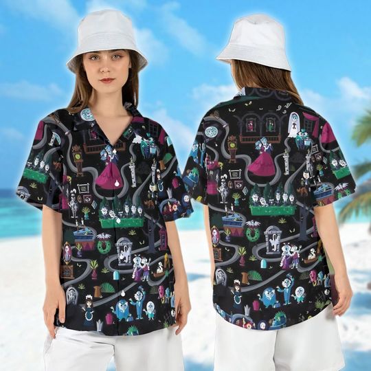 Haunted Mansion Map Hawaiian Shirt, Stretching Room Hawaii Shirt, Haunted Mansion Button Up, Summer Vibe Group Shirt, Halloween 3D Tee