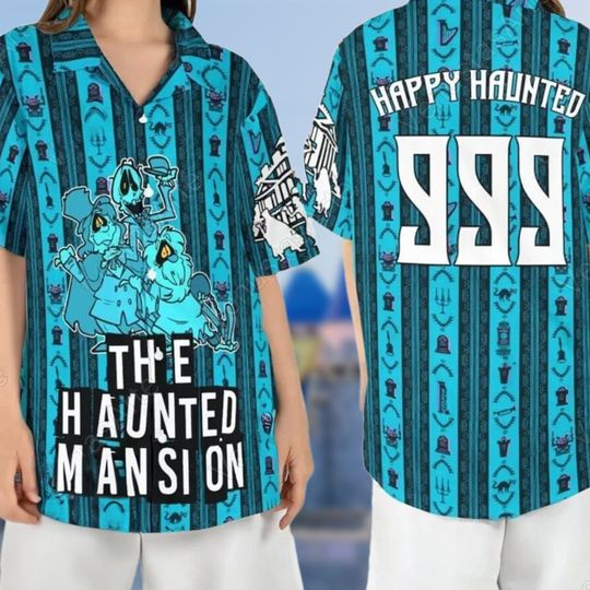 Haunted Mansion Hawaiian Shirt, Halloween Horror Button Up, Ben Matthias Hatbox Ghost Harriet Father Kent Gabbie Bruce Davis Tee