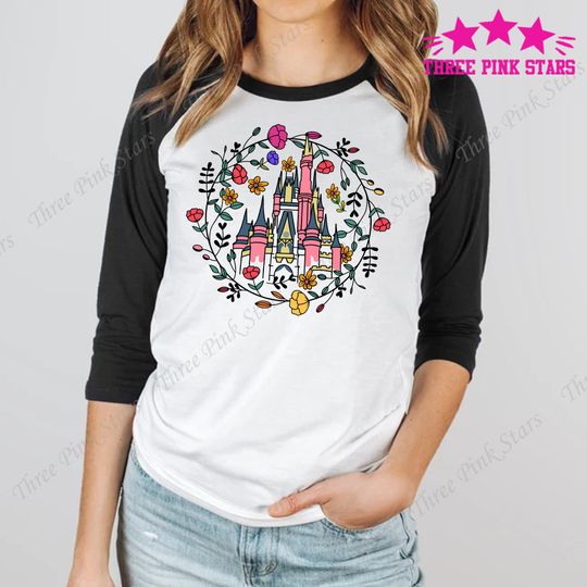 Magic Kingdom Castle Shirt, Princess Castle 3/4 Sleeve Vintage Baseball Tee, Magic Kingdom Floral Spring Shirt E3653