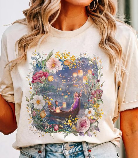 Vintage Disney Tangled Rapunzel Floral Shirt, Disney Princess Rapunzel Flynn Rider T-shirt