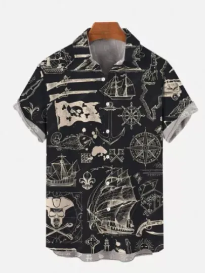 Pirate Ship Flag Compass Lineart Hawaiian Shirt, Button Down,For Men, Beach Vacation Shirt, Unisex Hawaiian Shirt Gift