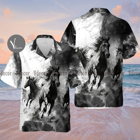 Black Horse Racing Hawaiian Shirt, Horse Racing Summer Shirt, 3D Aloha Shirt, Summer Beach Shirt, Animal Lover Shirt,Gift for Horse Lover