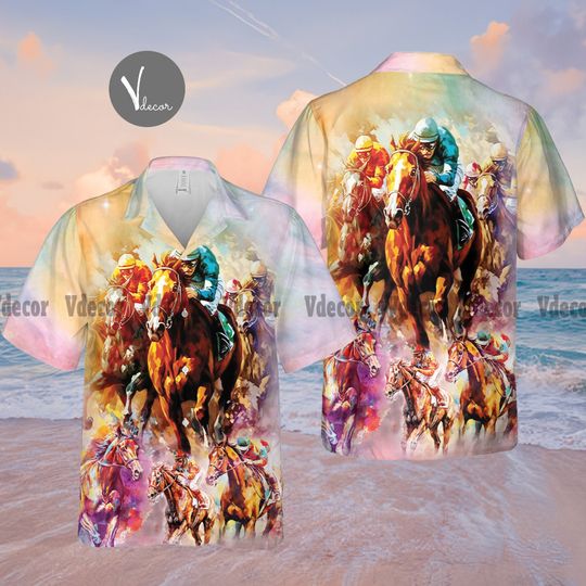 Colorful Horse Racing Hawaiian Shirt, Horse Lover Summer Shirt, 3D Aloha Shirt, Summer Beach Shirt, Horse Racing Shirt,Gift for Racing Lover