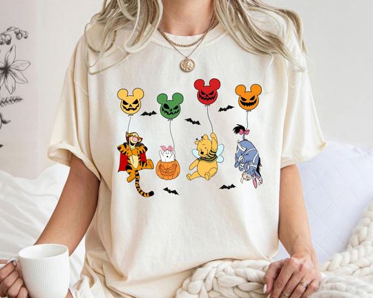 Disney Winnie The Pooh Halloween Mickey Balloon Comfortable Short Sleeve Sports Tee for Men, Women, Kids, Disneyland Halloween Gifts