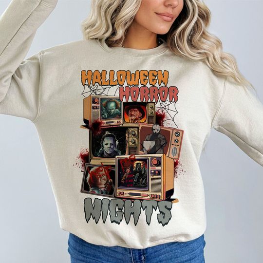 Halloween HN Long Sleeve Cotton Sweatshirt, Horror Movie Characters Halloween Gifts for Friends
