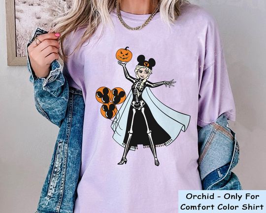 Elsa Princess Skeleton Costume with Halloween Balloon Pumpkin Cotton T-shirt, Halloween Girl Shirt, Spooky Season Gift