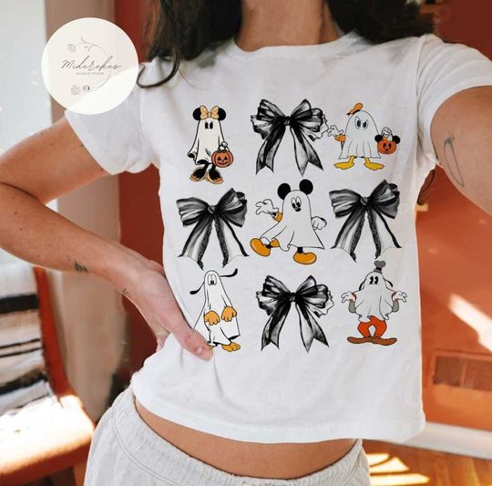 Coquette bows Disney Mickey & friends Ghost Baby Tee, Halloween Coquette Bow Baby Tee, Spooky season