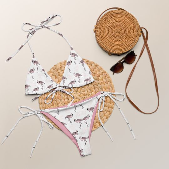 Pink Flamingos Recycled White String Bikini / Festival Wear