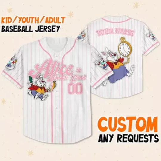 Custom Disney Alice in Wonderland White Rabbit Simple Stripe, Custom Baseball Jersey
