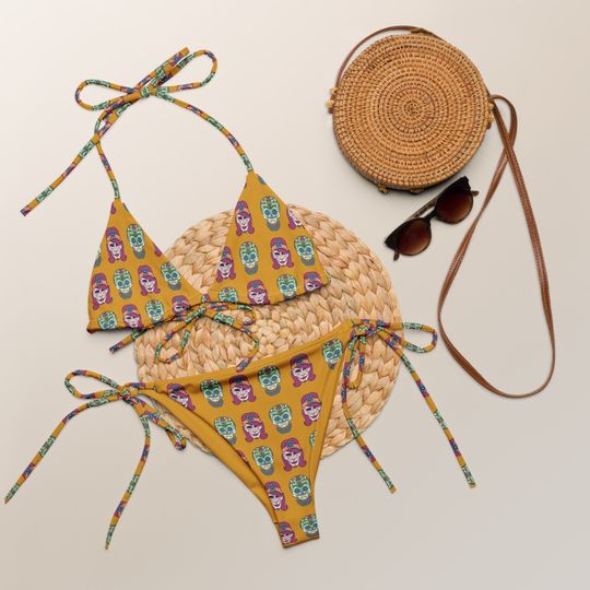 Day of the Dead Inspired Skull Print Mustard Yellow Recycled String Bikini / Festival Wear