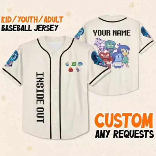 Personalized Disney Inside Out Pixel Character, Disneyland Baseball Jersey