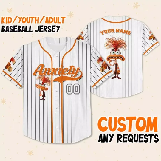 Personalize Anxiety Jersey Orange White, Disney Baseball Team Jersey, Inside Out